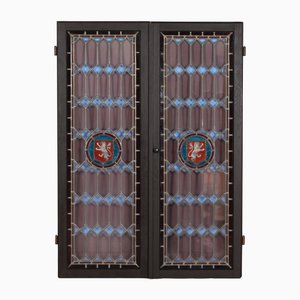 Leaded Windows with Colored Panes in Frame of Dark Wood, Denmark, 1930s, Set of 2