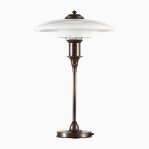 Danish Art Deco Table Lamp in Patinated Brass & White Glass from Fog & Mørup, 1940s