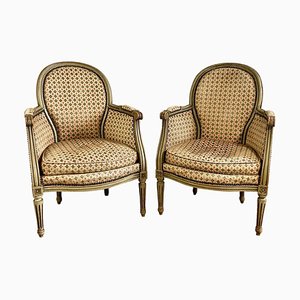 19th Century Louis XVI French Bergere Armchairs in Wood and Velvet, Set of 2