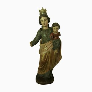 Statue en Tilleul Polychrome du 18ème Siècle de Marie et de l'Enfant Jezus
