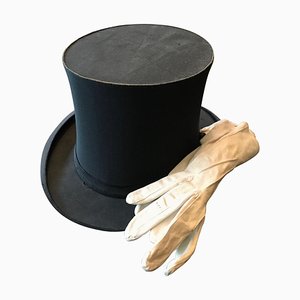 19th Century London White Leather Gloves & Hat, 1875