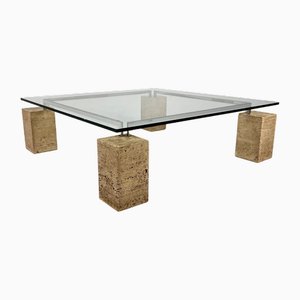 Glass and Travertine Coffee Table by Piero De Longhi for Catalan Italia, 1980s