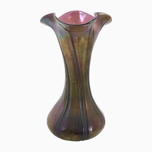 Vintage Art Deco Red and Green Iridescent Blown Glass Vase in the style of Loetz, 1890s