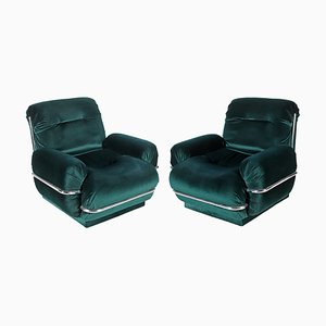 Italian Armchairs in Green and Chrome Velvet in the style of Adriano Piazzesi, 1970s, Set of 2