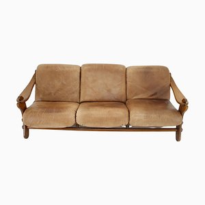 Brutalist Dutch Oak and Leather 3 Seater Sofa, 1970s