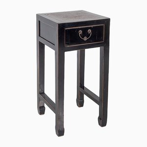 Chinese Black Ebonised Lacquered Side Table with Cane Top and Single Drawer
