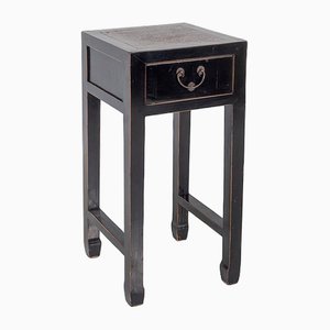 Table d'Appoint Laquée Noire avec Plateau en Rotin et Tiroir Simple, Chine