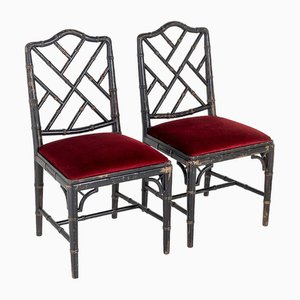 Chinese Chippendale Ebonised Faux Bamboo Chairs, Set of 2