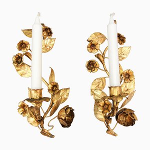 Hollywood Regency Italian Gilt Metal Floral Candle Wall Sconces, 1960s, Set of 2