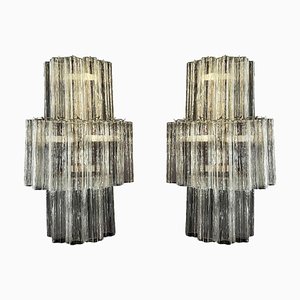 Murano Glass Tube Wall Sconces with 18 Clear Glass Tube, 1980s, Set of 2