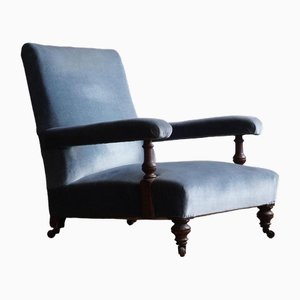 Antique Open Armchair in Blue Velvet