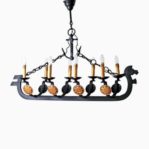 Wrought -Iron Vikinger Longboat Chandelier with Horse Head