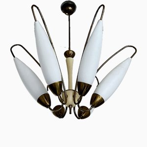Large Mid-Century Brass Chandelier with Opaque Glass Shades