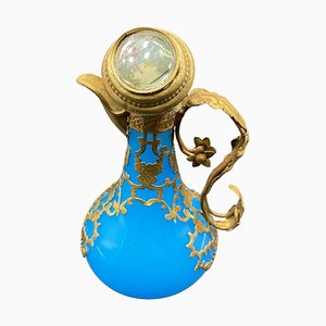 Napoleon French Opaline Blue Glass Ewer Bronze Mounted with Miniature on Lid