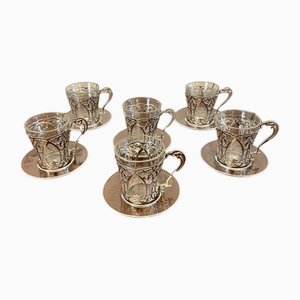 Tazze da caffè edoardiana in argento e vetro, anni '10, set di 6