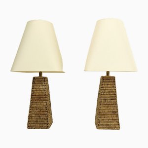 Vintage Woven Rattan Table Lamps, 1970s, Set of 2