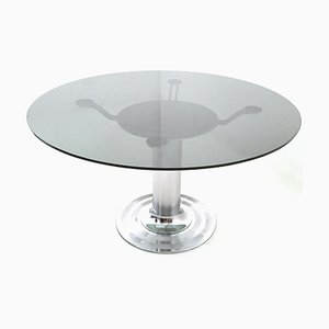 Postmodern Chromed Metal Dining Table with Round Tempered Glass Top, Italy, 1970s