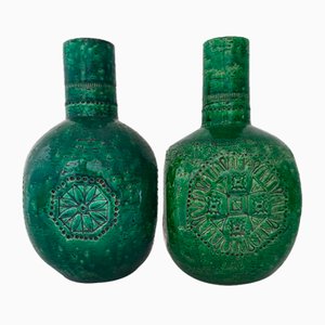 Postmodern Green Lacquered Ceramic Vase attributed to Aldo Londi for Bitossi, Italy, 1970s, Set of 2