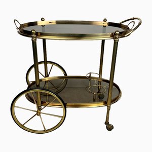 Chariot de Bar Ovale en Laiton avec Plateau en Verre Fumé, Italie, 1960s