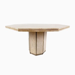 Italian Octogonal Dining Table in Travertine and Brass, 1970s