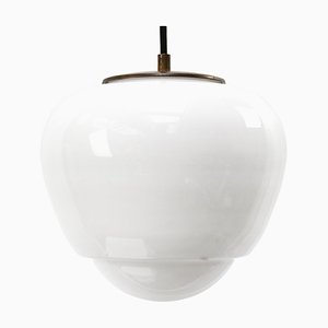 Lampe à Suspension en Verre Opalin Blanc & Laiton