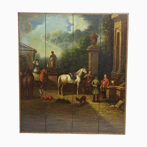 Paravent Screen with Paintings of a Hunting Company, France, Late 19th Century