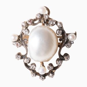 14k Yellow Gold and Silver Pendant with White Mabé Pearl, White Beads and Old-Cut Diamonds, 1900s