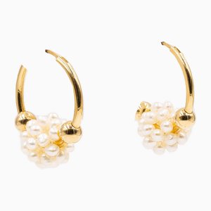 Aretes vintage de perlas de oro amarillo de 18 k, años 70. Juego de 2