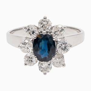 Vintage 18k White Gold Sapphire & Diamond Daisy Ring, 1960s