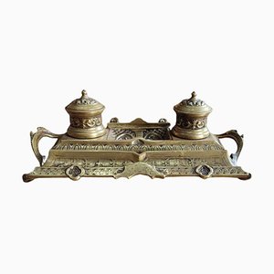 Ornate Victorian Double Inkwell in Brass