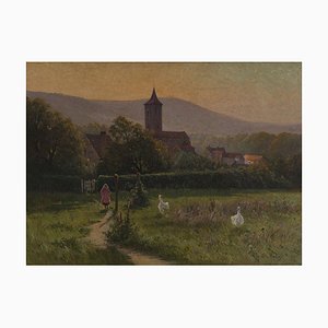 Charles Hallé, Chica con paisaje de gansos, década de 1800, óleo