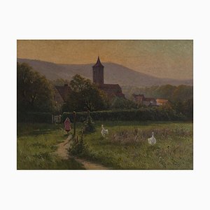 Charles Hallé, Girl with Geese Landscape, 1800s, Oil