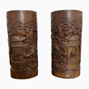 Maceteros chinos antiguos de bambú tallado, 1900. Juego de 2