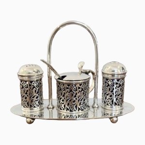Antique Edwardian Glass and Silver Plated Cruet Set, 1900, Set of 5