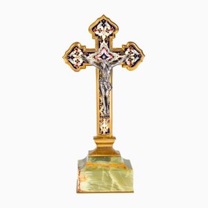 Early 20 Century Pedestal Cross in Enameled Brass, France, 1890s