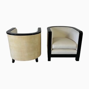 Italian Art Deco Chairs in Cream Velvet and Black Lacquered, Set of 2