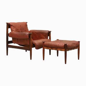 Swedish Admiral Chair with Footrest in Rosewood and Leather by Eric Merthen, 1960s, Set of 2