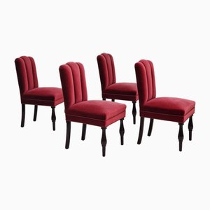 Danish Dinning Chairs in Oak Wood & Cherry-Red Velour, 1950s, Set of 4