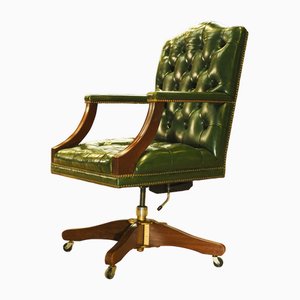 Adjustable Buttonback Chesterfield Desk Chair in Green Leather with Wooden Base, 1970s