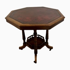 Table de Bibliothèque Victorienne Antique en Noyer avec Plateau en Cuir, 1880