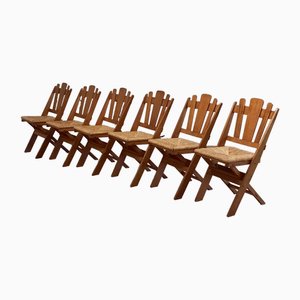Mid-Century Dutch Wooden Folding Chairs with Rush Seats by De Volharding, 1950s, Set of 6