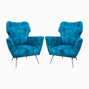 Butacas italianas de terciopelo azul con patas de latón al estilo de Gio Ponti, años 50. Juego de 2