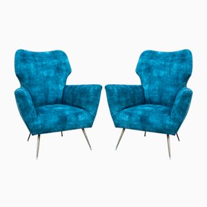 Italian Armchairs in Blue Velvet with Brass Feet in the style of Gio Ponti, 1950s, Set of 2