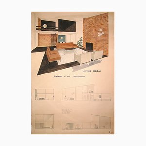 F. Janssens, Architectural Drawing of Living Room, 1950s, Dessin sur Papier