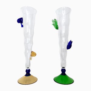 Transparent Murano Glass Flutes with Colored Details, Italy, 1980s, Set of 2