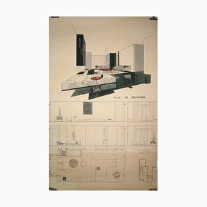 F. Janssens, Disegno architettonico della sala di ricevimento, anni '50, Disegno su carta