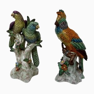 Antique Meissen Style Continental Parrots Birds Green Gilt, 1800s, Set of 2
