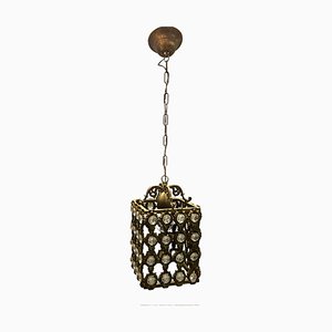 Lámpara colgante vintage de bronce de cristal, años 50