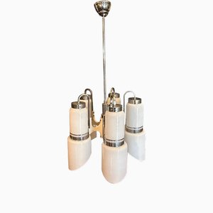 Space Age White Glass Wood and Metal Chandelier by Gaetano Sciolari, 1970s