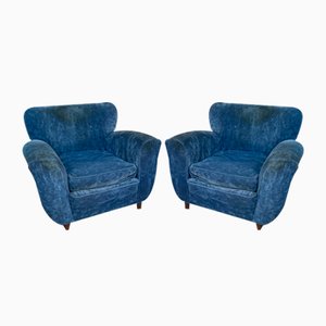 Blue Velvet Armchairs, 1940s, Set of 2